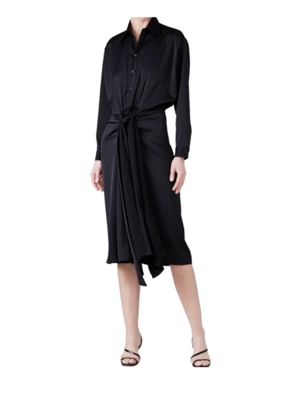 Tome NYC Satin Black Bow Front Shirt Dress Midi size 8 Collared a line